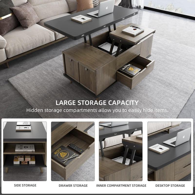Guyii 39" Lift Top Coffee Table with Hidden Storage and 4 Stools, Modern Multifunctional Center Table