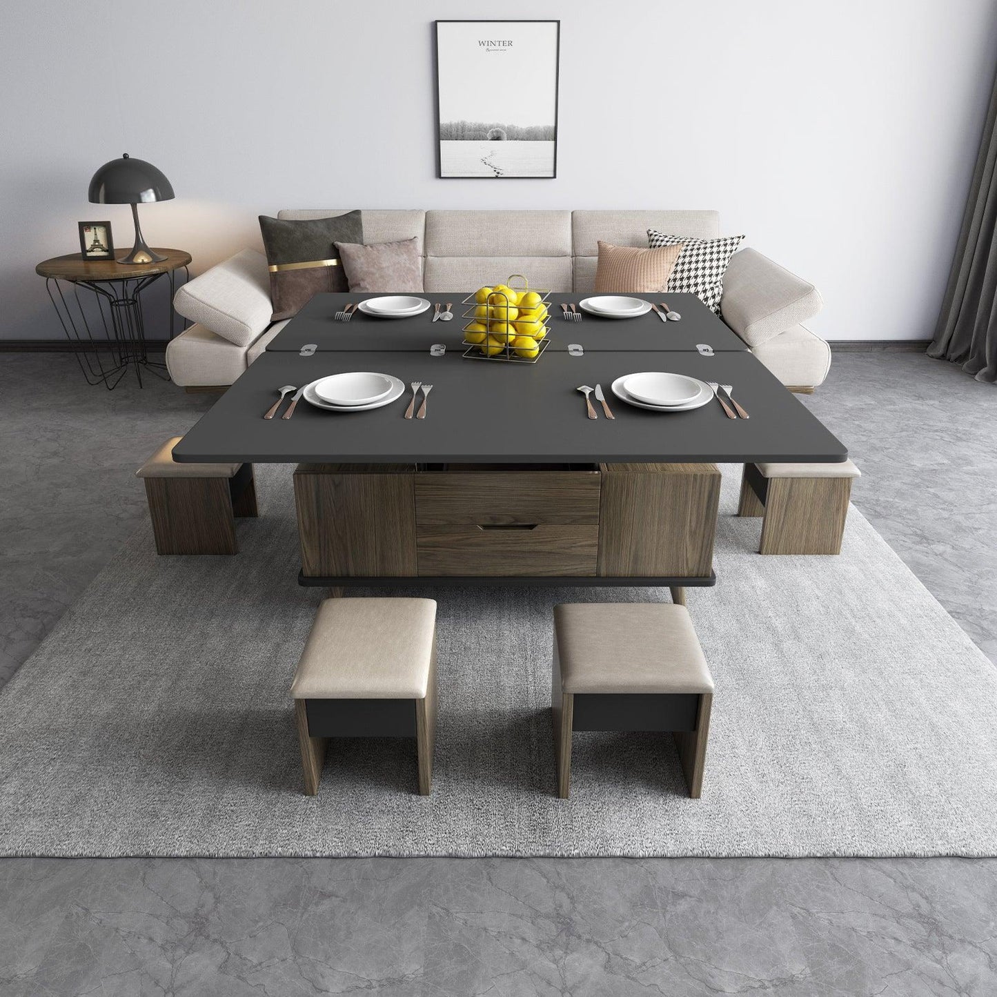 Guyii 39" Lift Top Coffee Table with Hidden Storage and 4 Stools, Modern Multifunctional Center Table