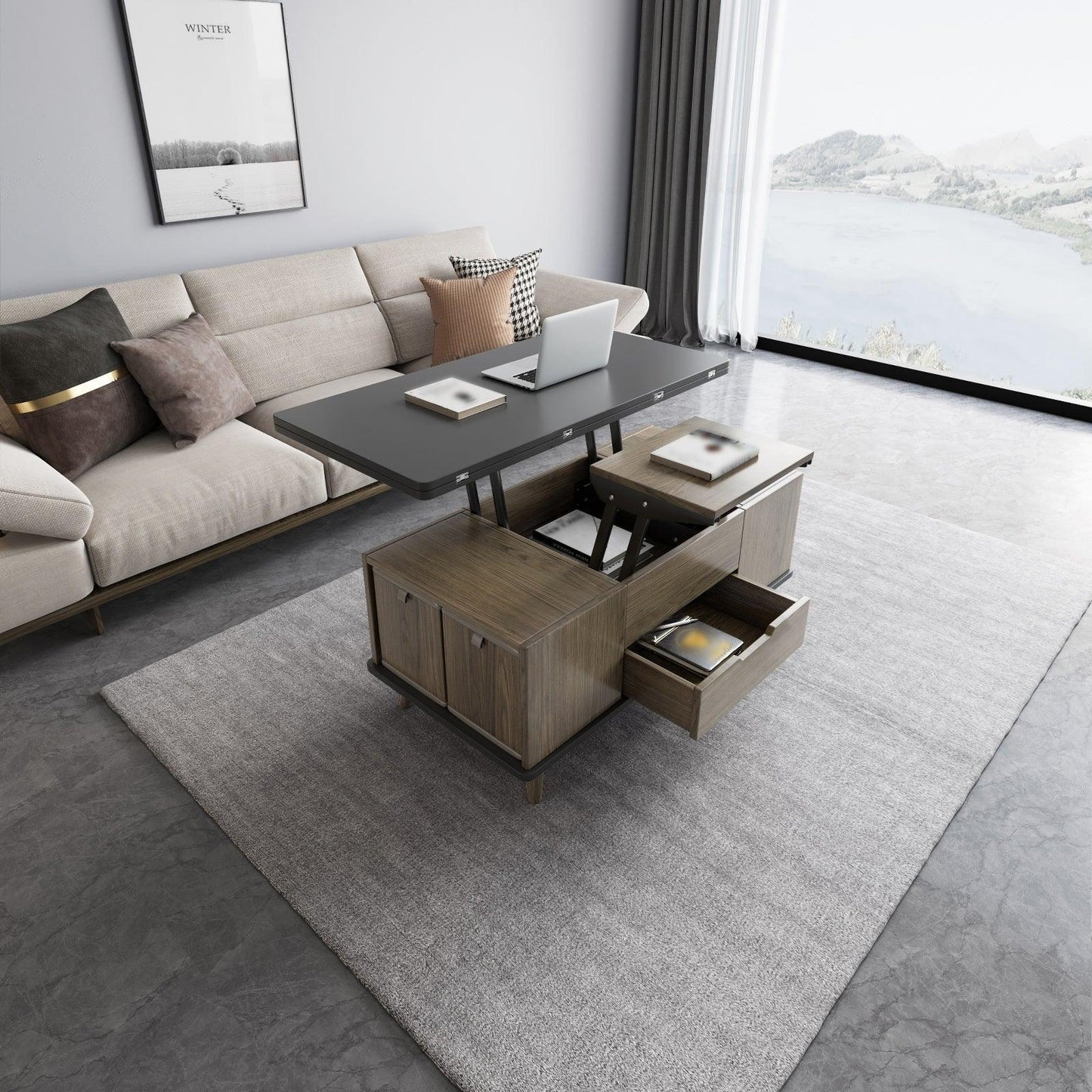Guyii 39" Lift Top Coffee Table with Hidden Storage and 4 Stools, Modern Multifunctional Center Table