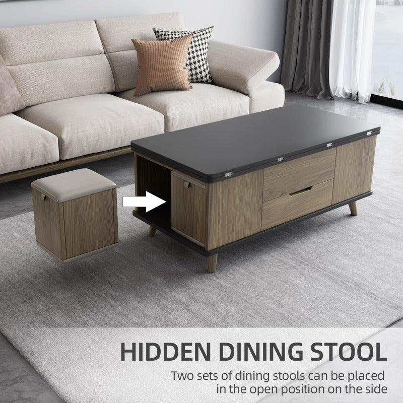 Guyii 39" Lift Top Coffee Table with Hidden Storage and 4 Stools, Modern Multifunctional Center Table