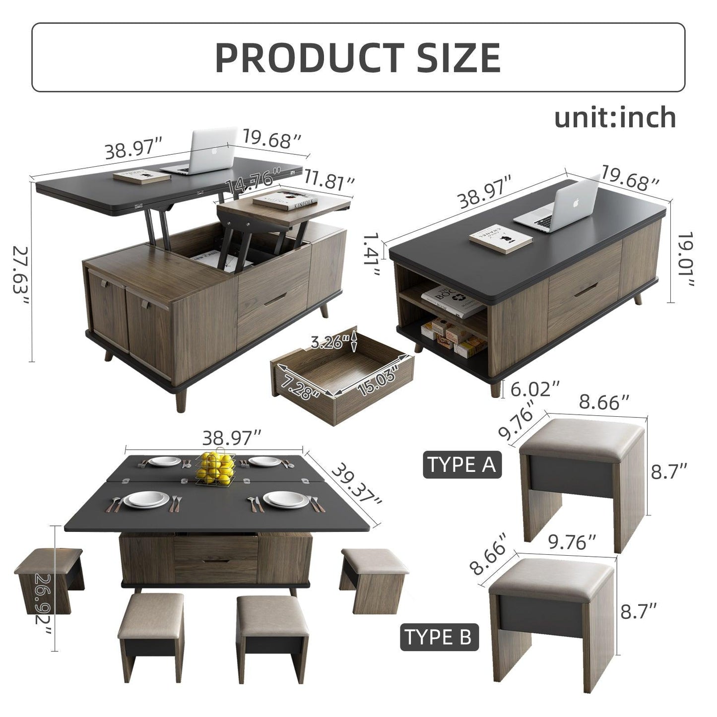 Guyii 39" Lift Top Coffee Table with Hidden Storage and 4 Stools, Modern Multifunctional Center Table