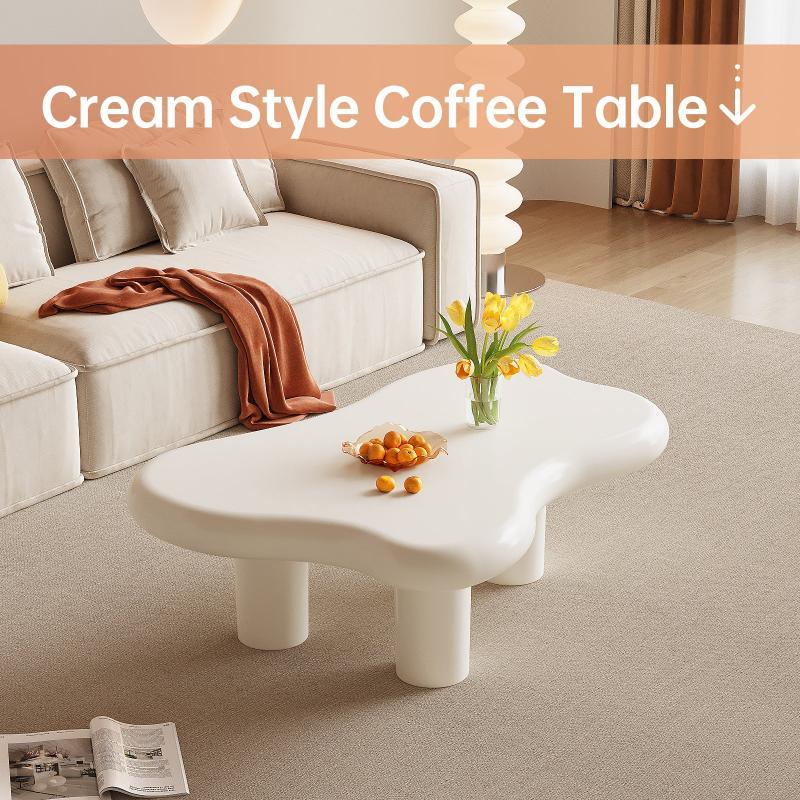 Guyii Irregular-Shaped Coffee Table, 39.37" Cream White Center Table with 3 Legs