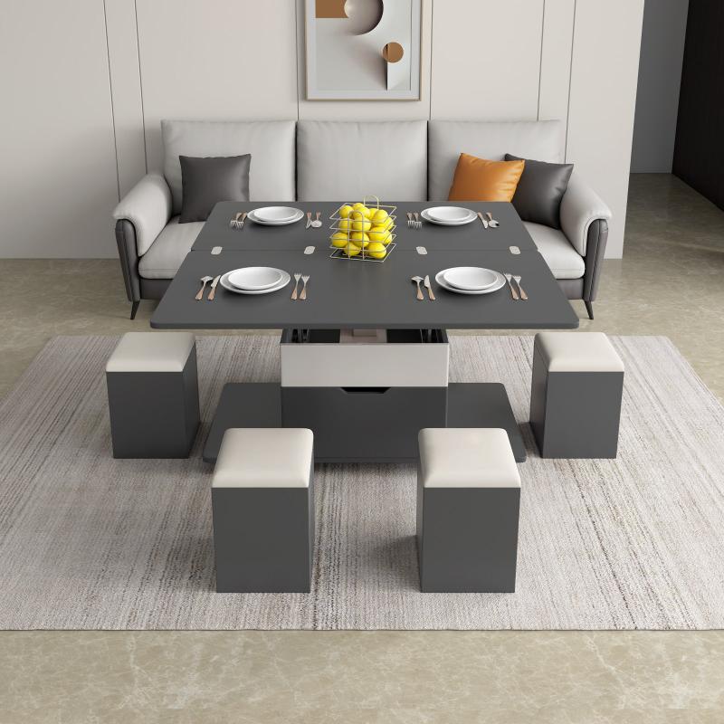 Guyii 47.24" Lift Top Coffee Table with 4 Storage Stools, Expandable Dining Table for Living Room