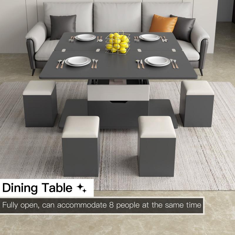 Guyii 47.24" Lift Top Coffee Table with 4 Storage Stools, Expandable Dining Table for Living Room