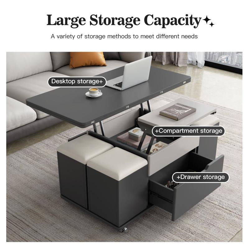 Guyii 47.24" Lift Top Coffee Table with 4 Storage Stools, Expandable Dining Table for Living Room