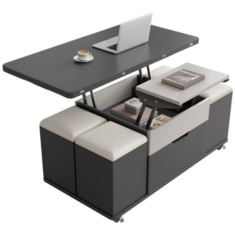 Guyii 47.24" Lift Top Coffee Table with 4 Storage Stools, Expandable Dining Table for Living Room