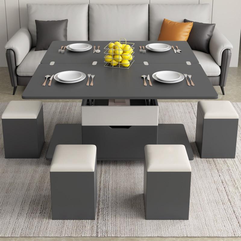 Guyii 47.24" Lift Top Coffee Table with 4 Storage Stools, Expandable Dining Table for Living Room