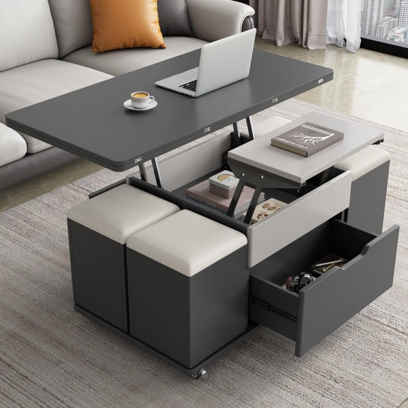 Guyii 47.24" Lift Top Coffee Table with 4 Storage Stools, Expandable Dining Table for Living Room