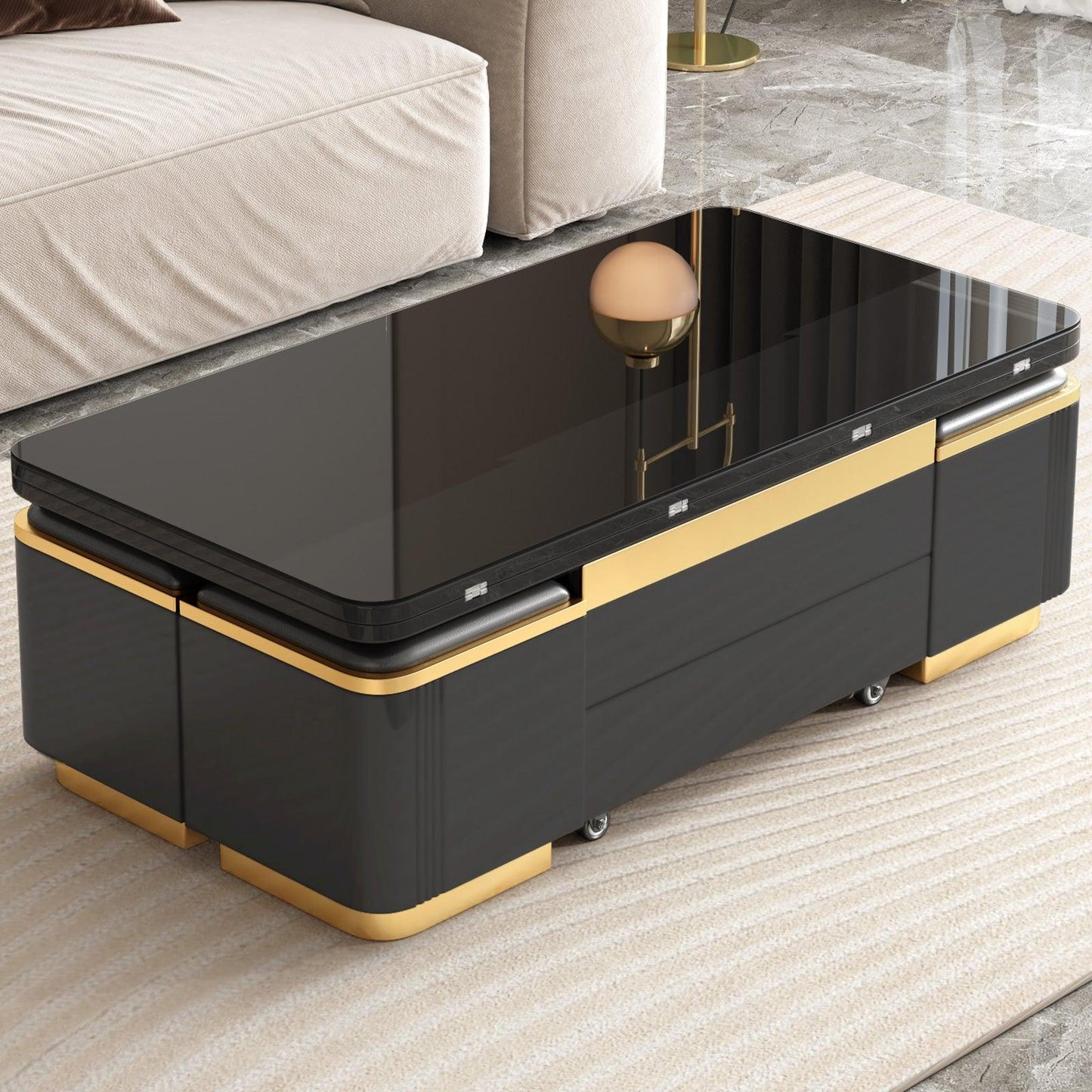 Guyii 47" Multifunctional Lift Top Coffee Table, Extendable Coffee Table with 4 Storage Stools