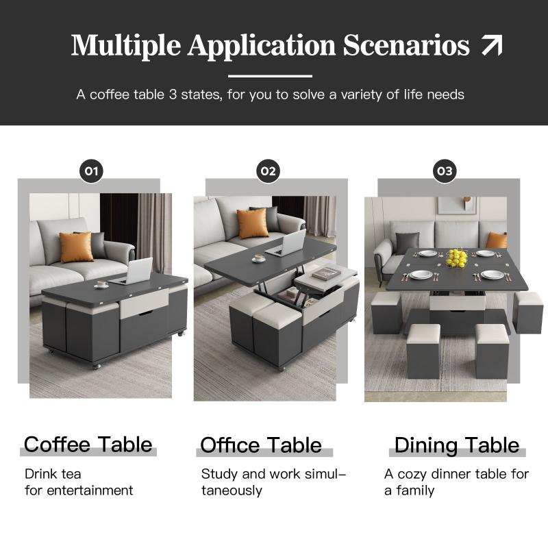 Guyii 47.24" Lift Top Coffee Table with 4 Storage Stools, Expandable Dining Table for Living Room