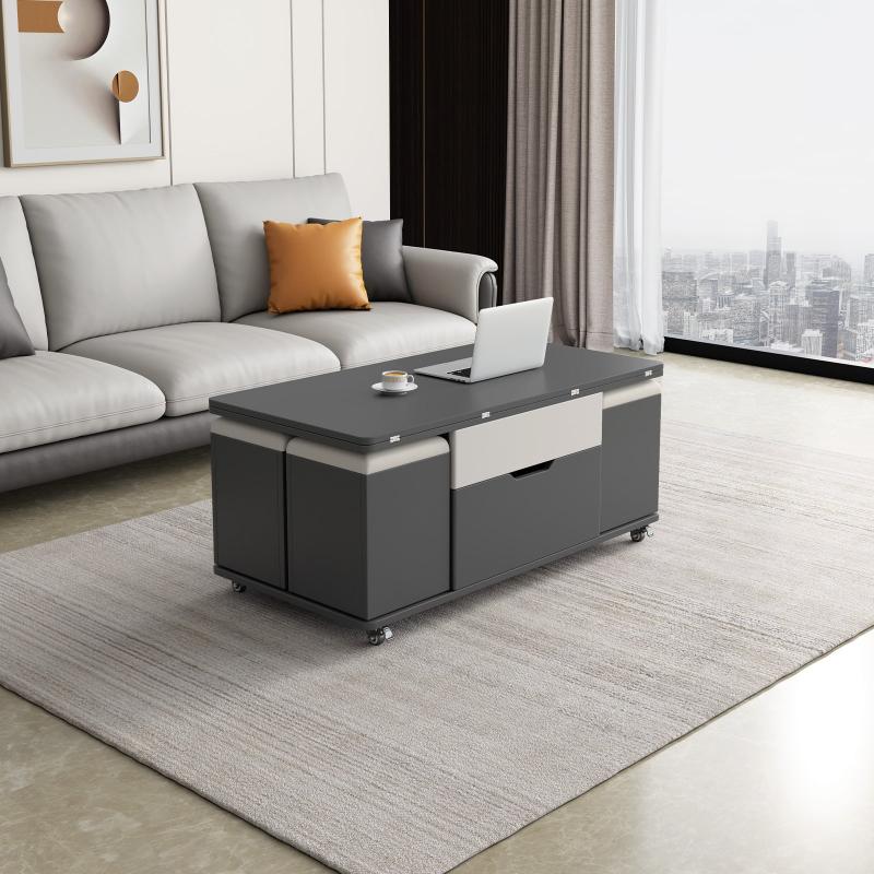 Guyii 47.24" Lift Top Coffee Table with 4 Storage Stools, Expandable Dining Table for Living Room