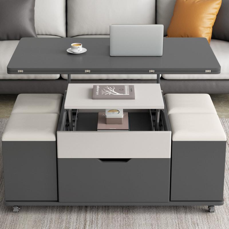 Guyii 47.24" Lift Top Coffee Table with 4 Storage Stools, Expandable Dining Table for Living Room