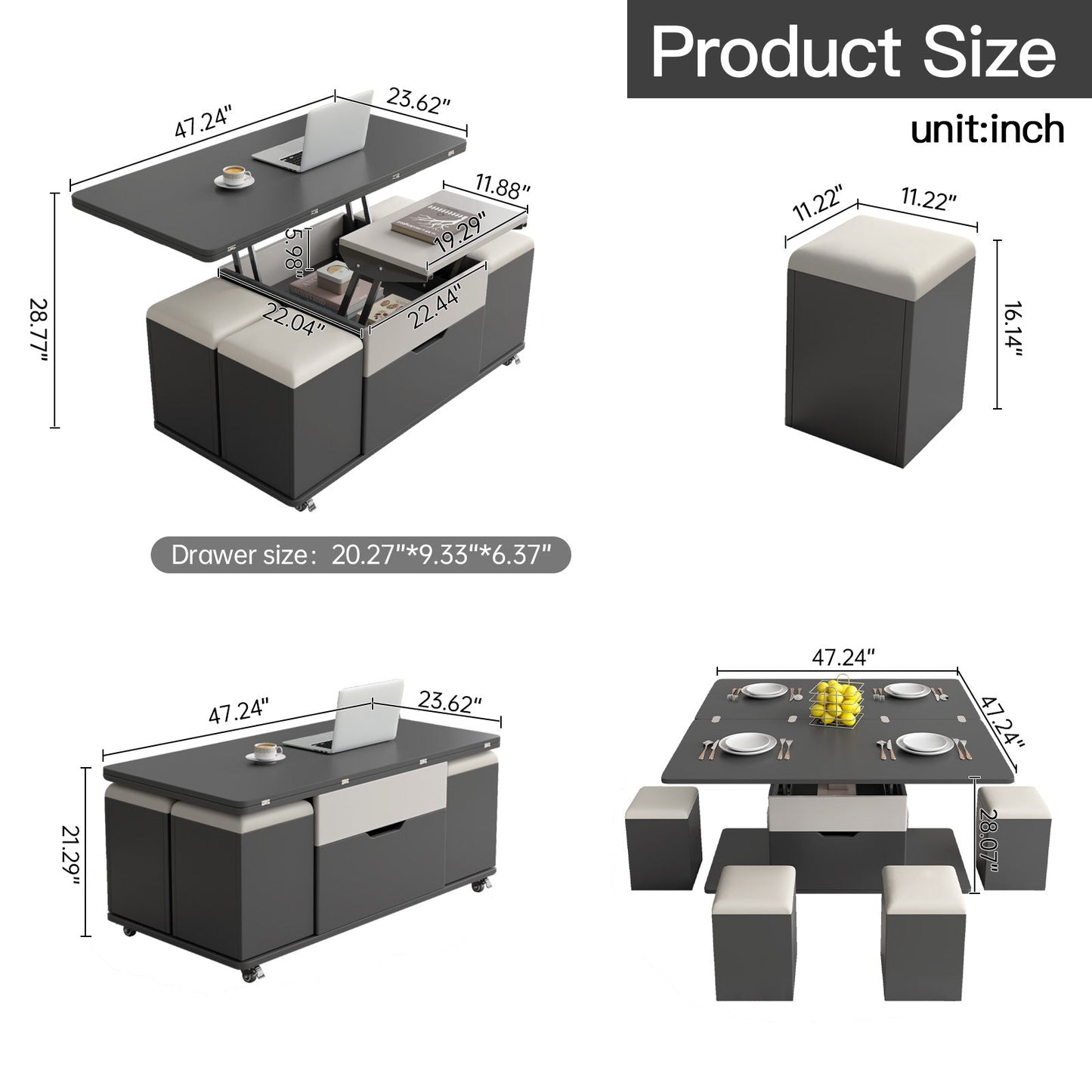 Guyii 47.24" Lift Top Coffee Table with 4 Storage Stools, Expandable Dining Table for Living Room
