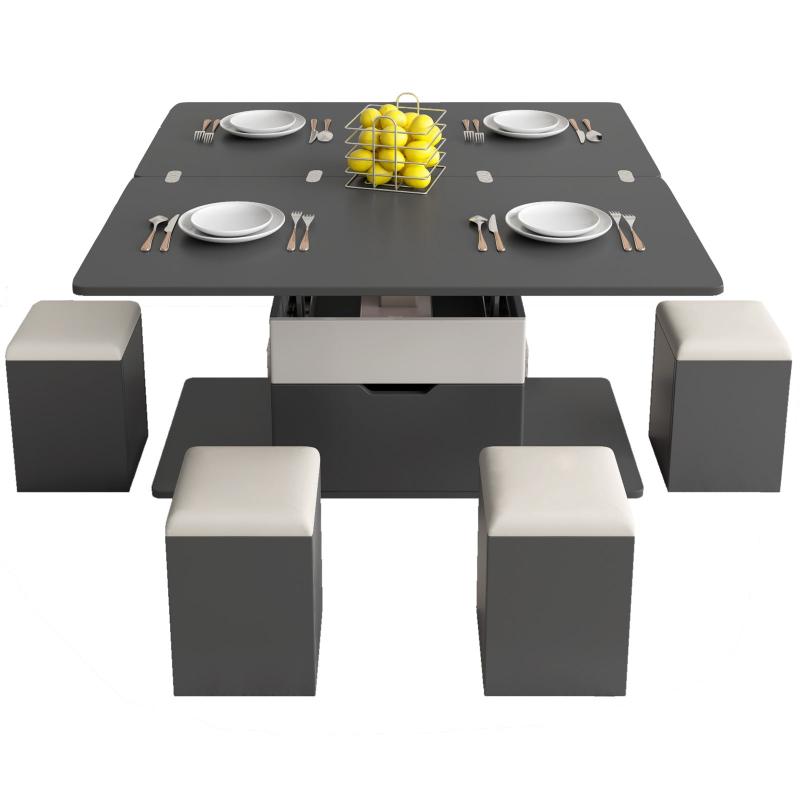Guyii 47.24" Lift Top Coffee Table with 4 Storage Stools, Expandable Dining Table for Living Room