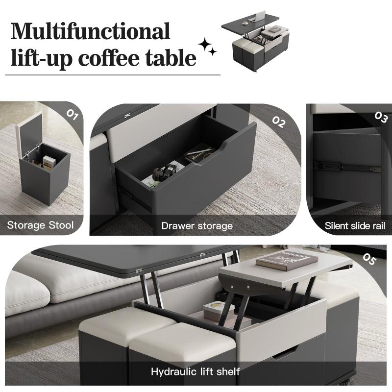 Guyii 47.24" Lift Top Coffee Table with 4 Storage Stools, Expandable Dining Table for Living Room