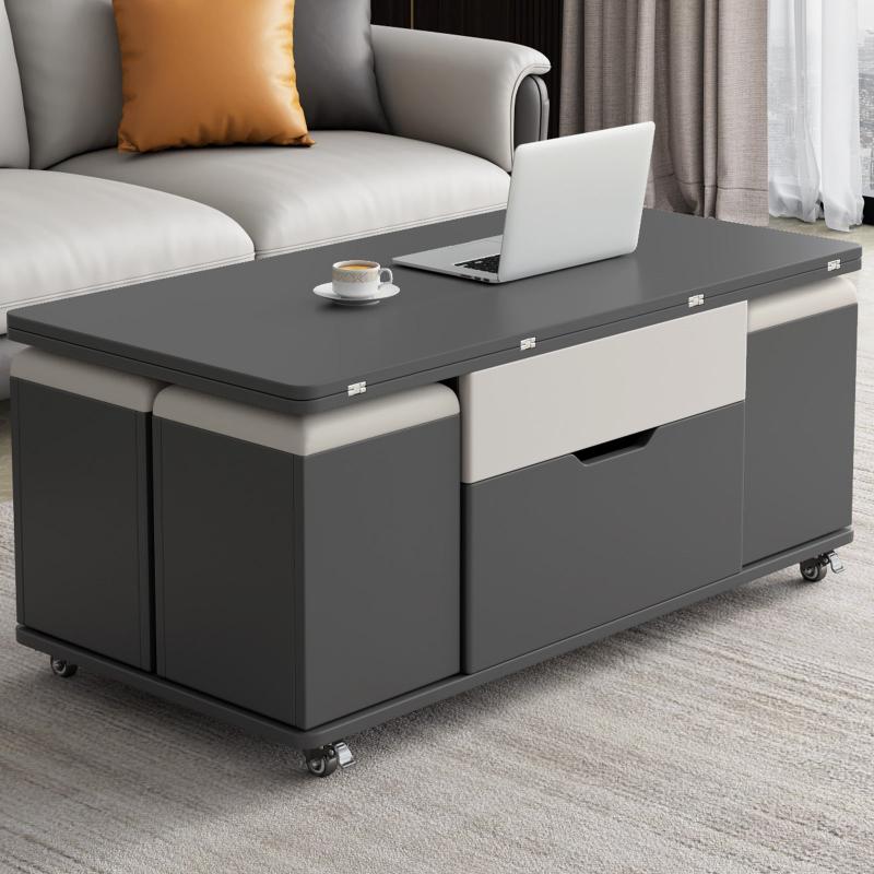 Guyii 47.24" Lift Top Coffee Table with 4 Storage Stools, Expandable Dining Table for Living Room