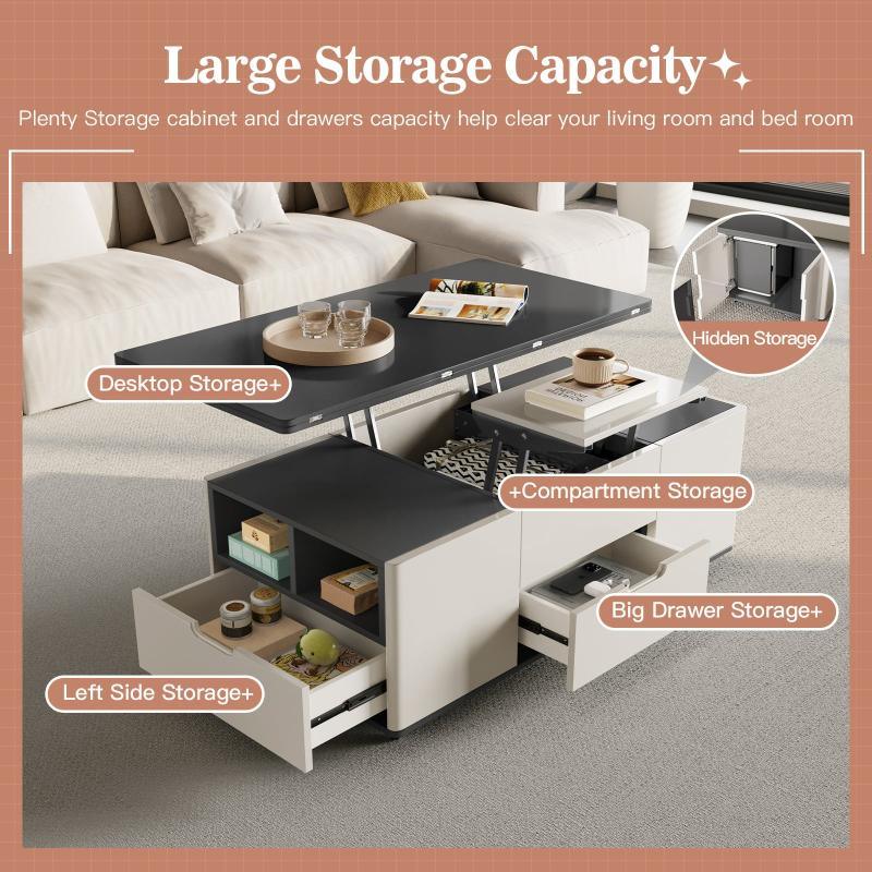 Guyii 47.24” Lift Top Coffee Table with 4 Stools, 3-in-1 Multi-Function Modern Center Table