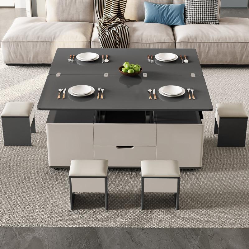 Guyii 47.24” Lift Top Coffee Table with 4 Stools, 3-in-1 Multi-Function Modern Center Table