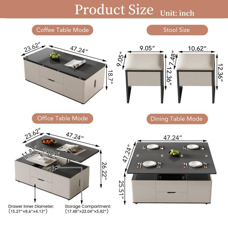 Guyii 47.24” Lift Top Coffee Table with 4 Stools, 3-in-1 Multi-Function Modern Center Table