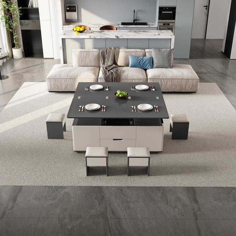 Guyii 47.24” Lift Top Coffee Table with 4 Stools, 3-in-1 Multi-Function Modern Center Table