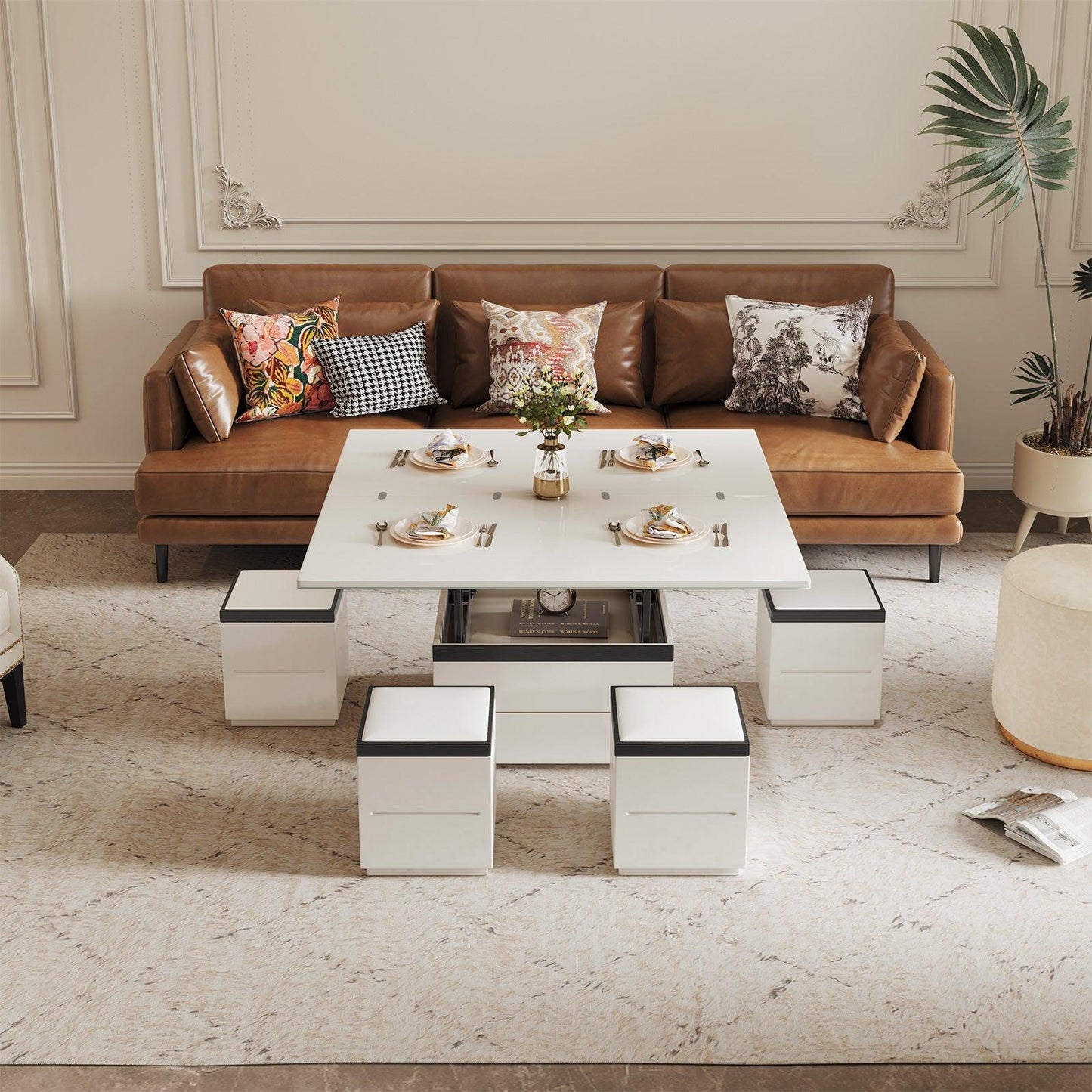 Guyii 47" White Lift Top Coffee Table with 4 Stools, Modern Convertible Coffee to Dining Table