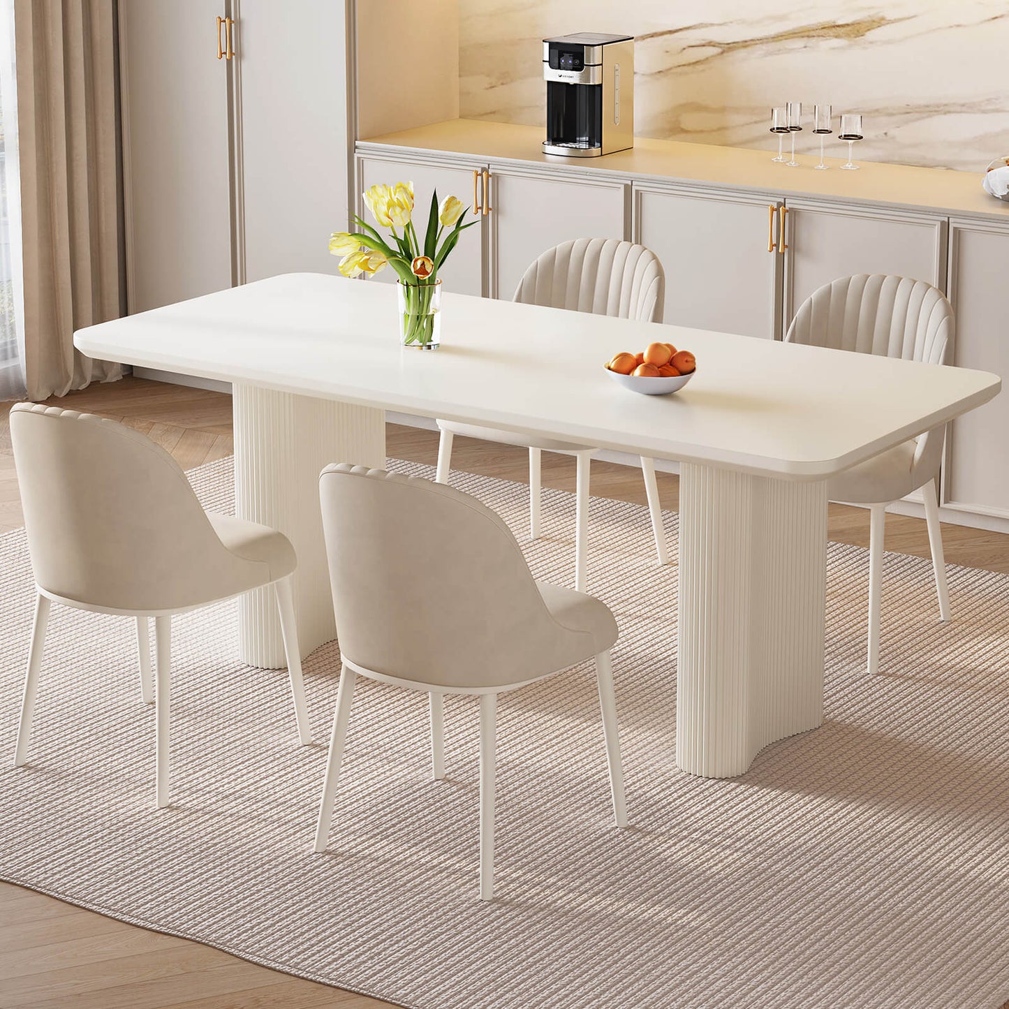 Guyii White Dining Table Set, Modern Rectangular Kitchen Table with 4-8 Chairs