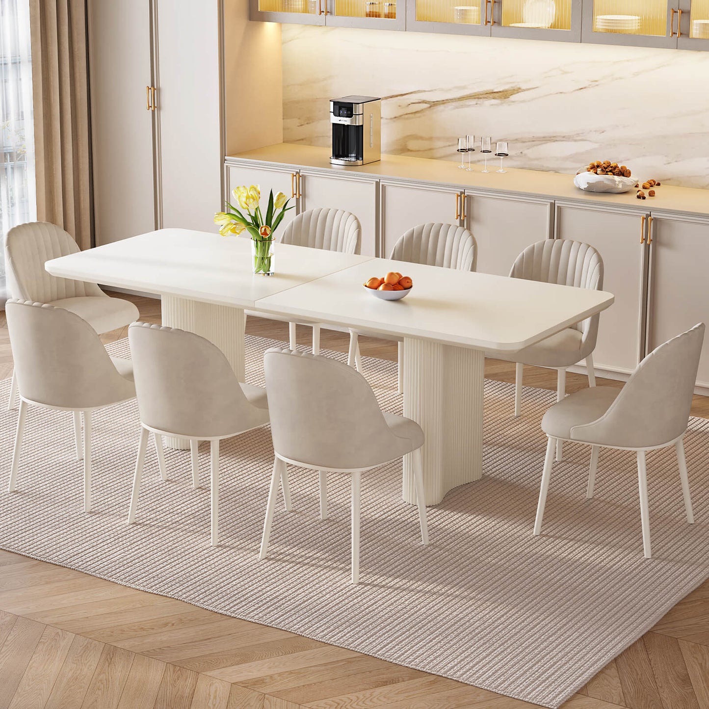 Guyii White Dining Table Set, Modern Rectangular Kitchen Table with 4-8 Chairs