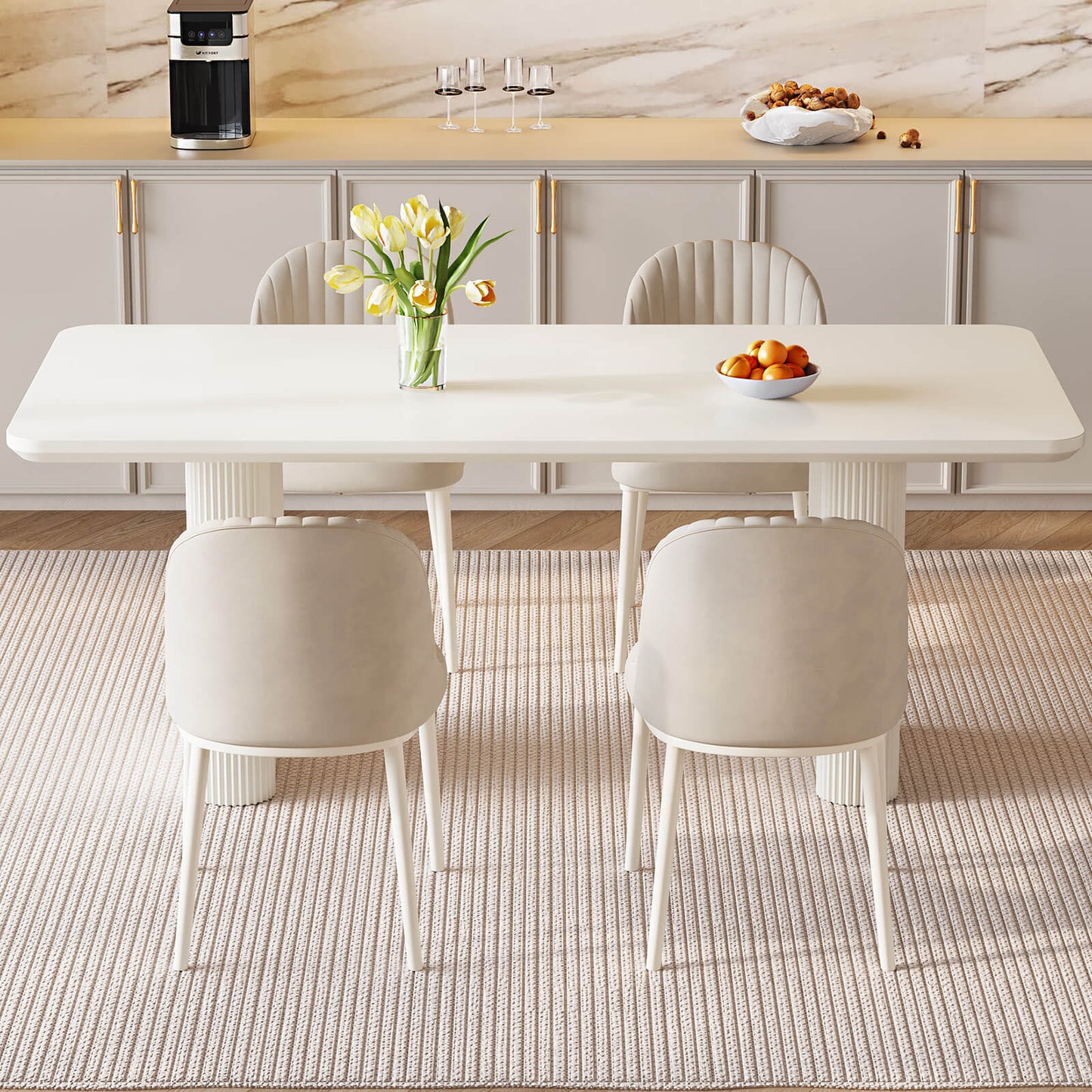 Guyii White Dining Table Set, Modern Rectangular Kitchen Table with 4-8 Chairs