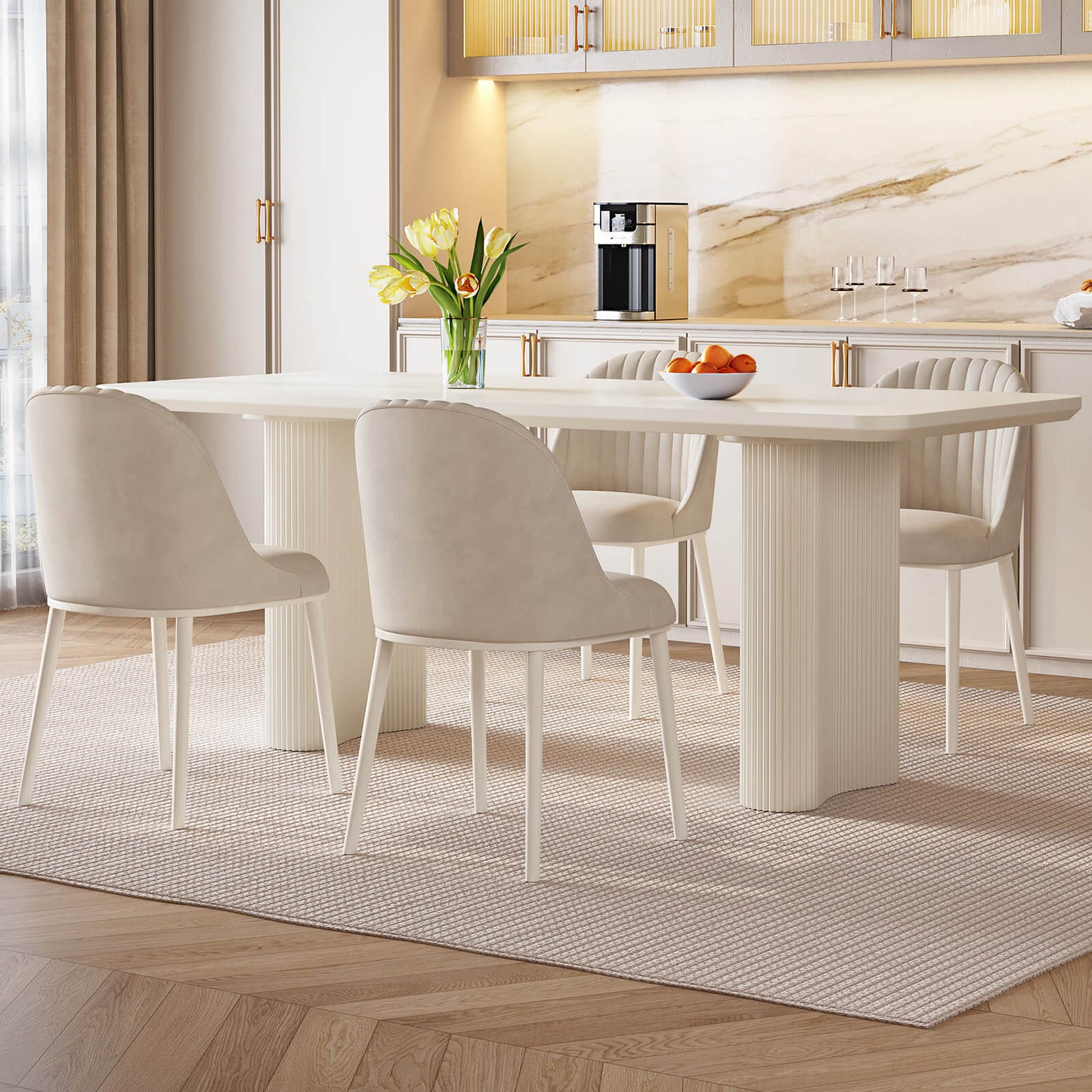 Guyii White Dining Table Set, Modern Rectangular Kitchen Table with 4-8 Chairs