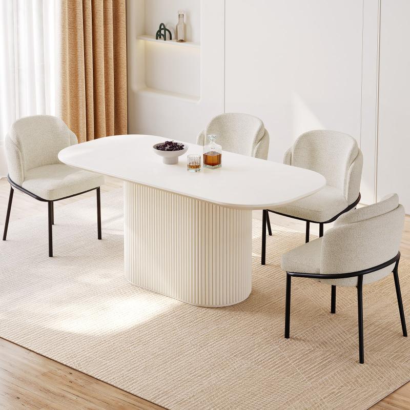 Guyii 63"-87" Cream White Oval Dining Table Set, Modern Kitchen Table with 4-8 Chairs