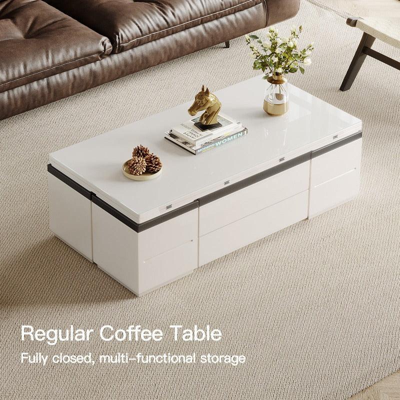 Guyii 47" White Lift Top Coffee Table with 4 Stools, Modern Convertible Coffee to Dining Table