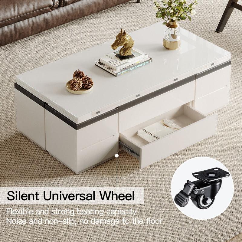 Guyii 47" White Lift Top Coffee Table with 4 Stools, Modern Convertible Coffee to Dining Table