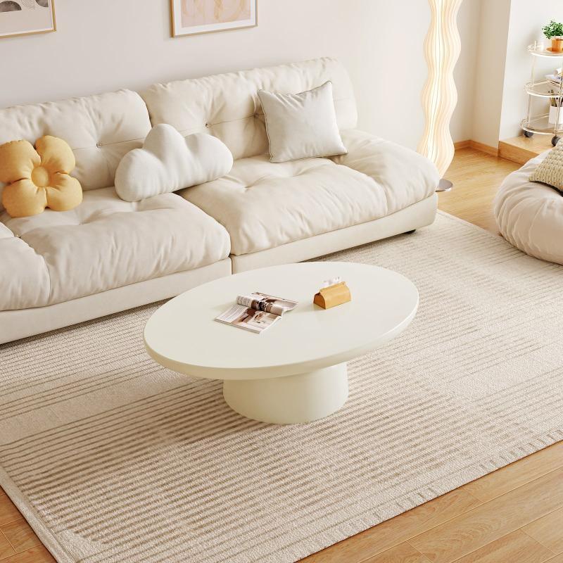 Guyii Oval Coffee Table, Cream White Modern Center Table for Living Room