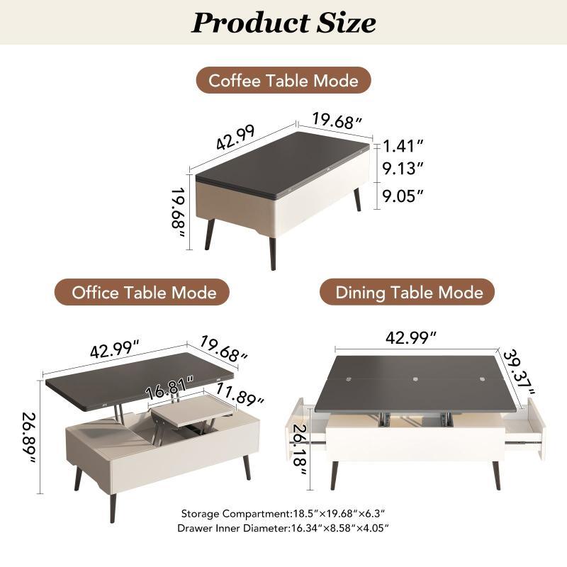 Guyii 43” Lift Top Coffee Table with Storage Drawer, 3 in 1 Multi Function Center Table
