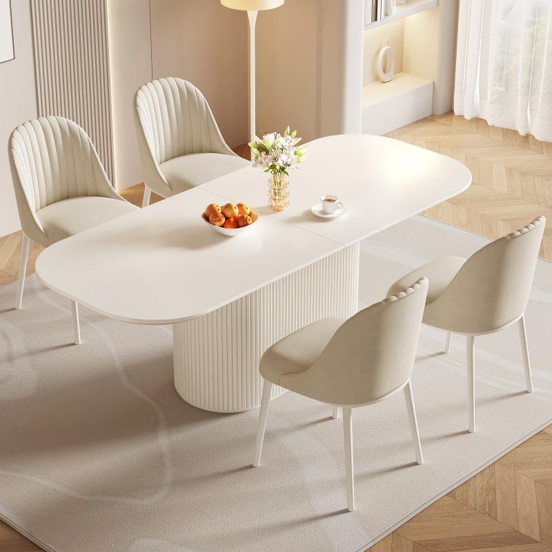 Guyii 63"-87" Cream White Oval Dining Table Set, Modern Kitchen Table with 4-8 Chairs