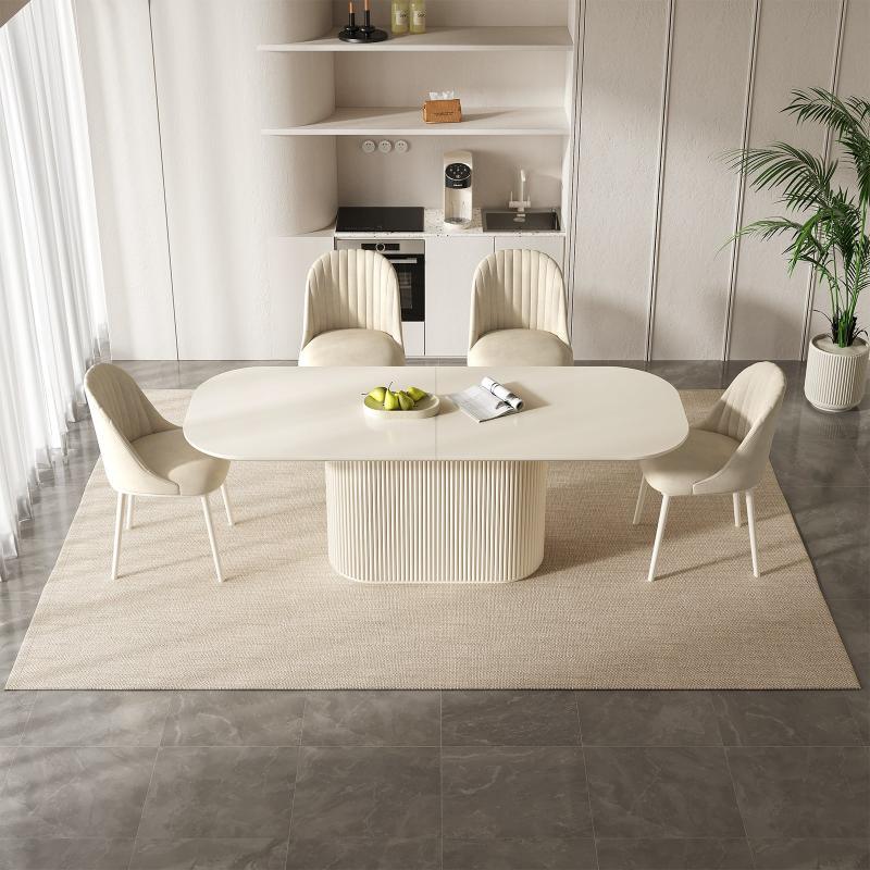Guyii 63"-87" Cream White Oval Dining Table Set, Modern Kitchen Table with 4-8 Chairs