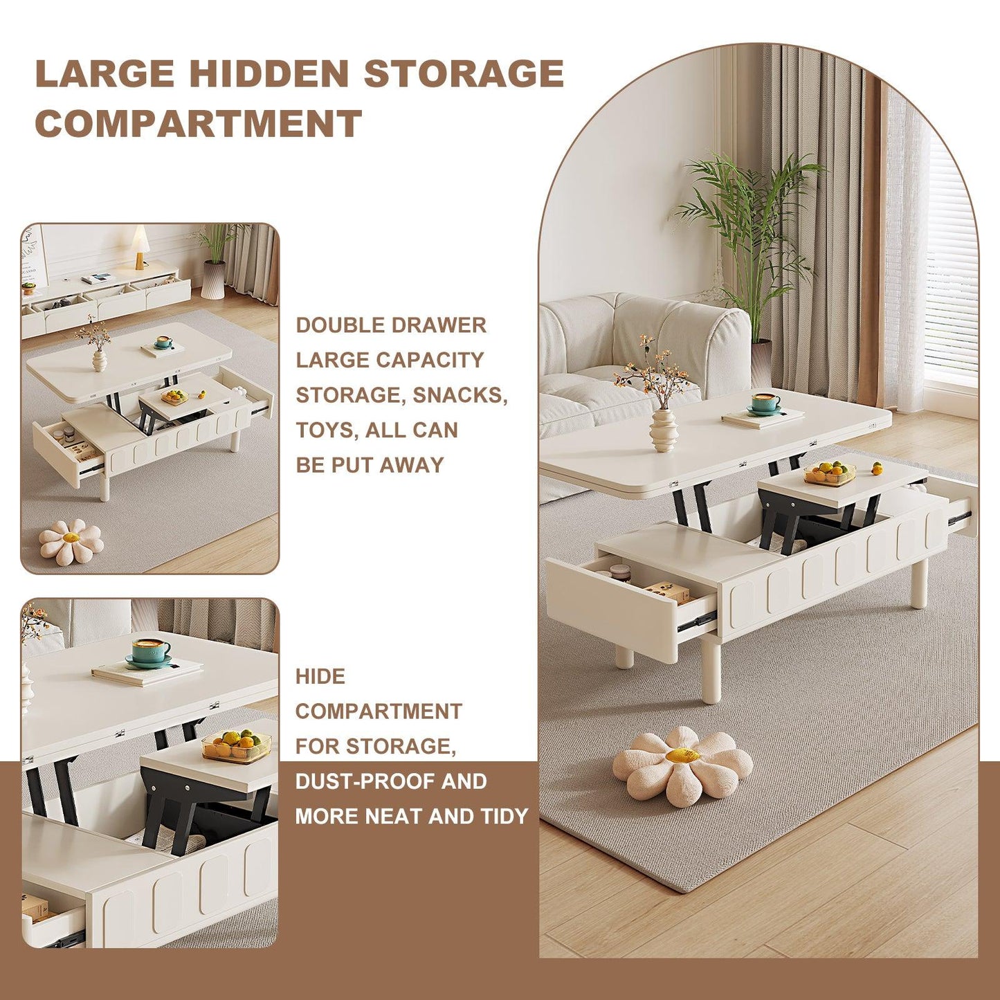 Guyii Extendable Coffee Table, 3-in-1 Multifunctional Lift Top Center Table