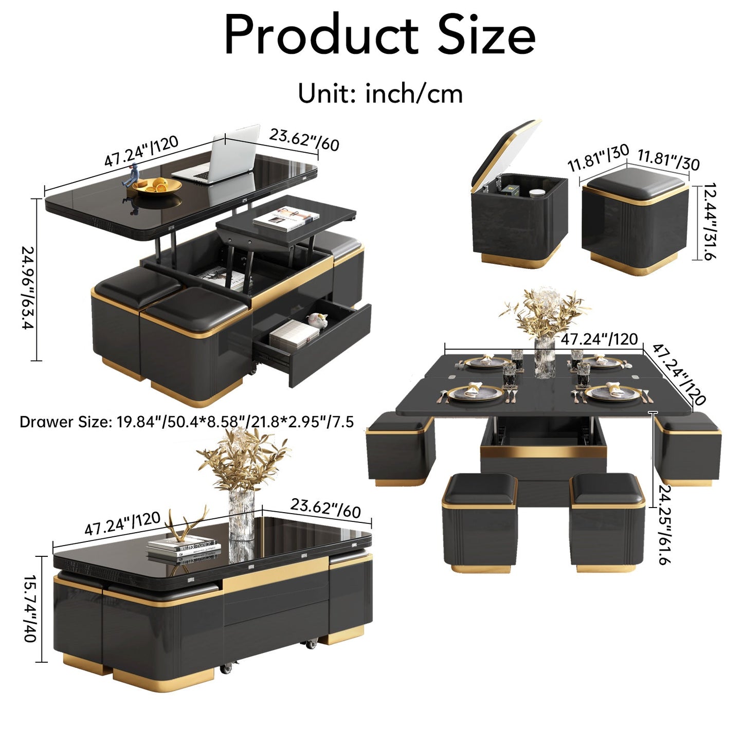 Guyii Multifunctional Lift Top Coffee Table with 4 Storage Stools, Extendable Dining & Work Table, Space-Saving|Q1449-UK