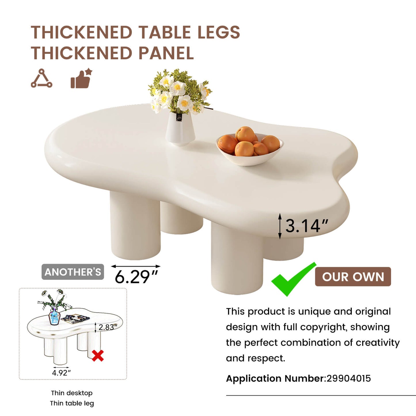 Guyii 46.06" Cream White Cloud Coffee Table, Cute Modern Coffee Table with 4-Leg Design