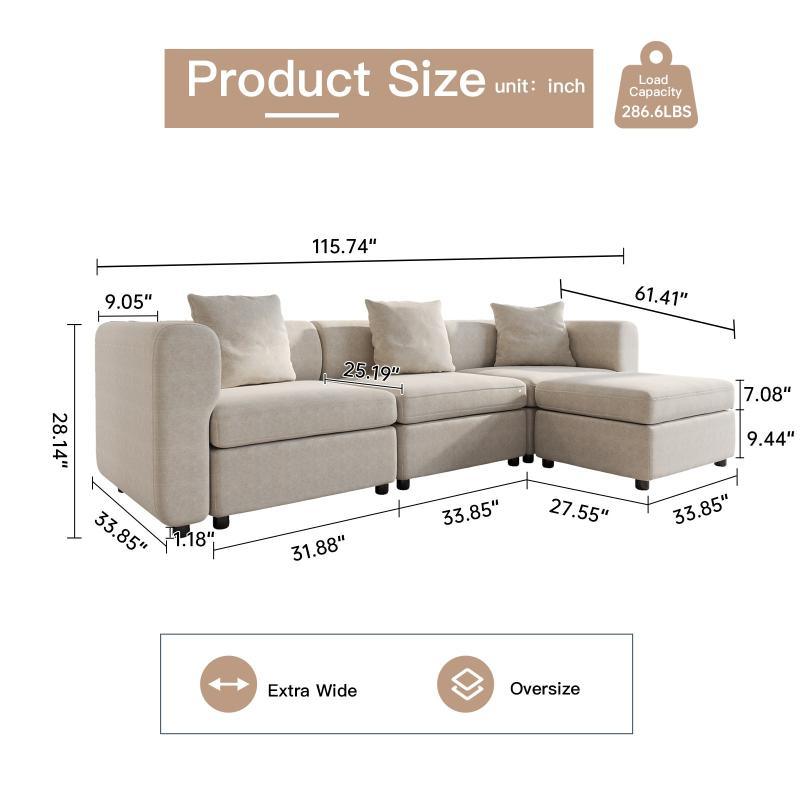 Guyii Velvet Sectional Sofa, Modern Oversized 4-9 Seater with Pillows and Storage Footstool