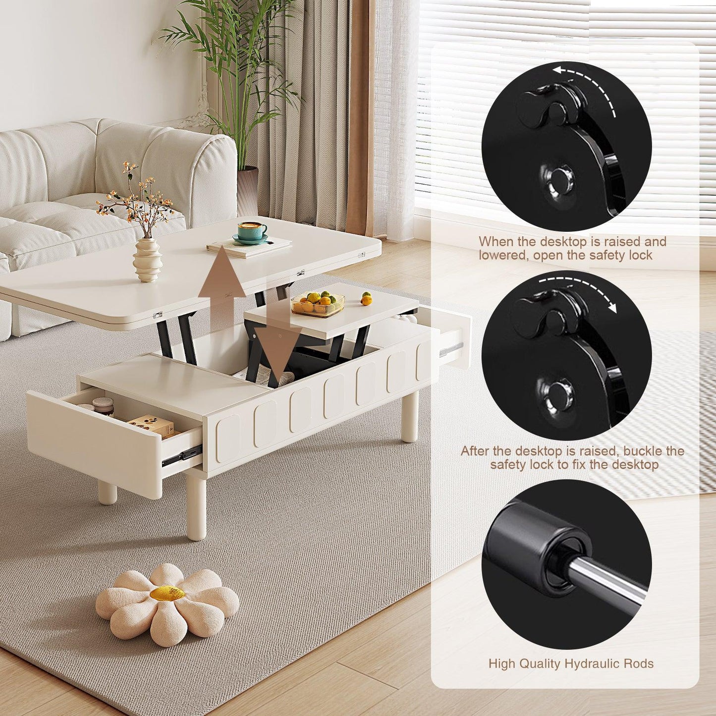 Guyii Extendable Coffee Table, 3-in-1 Multifunctional Lift Top Center Table