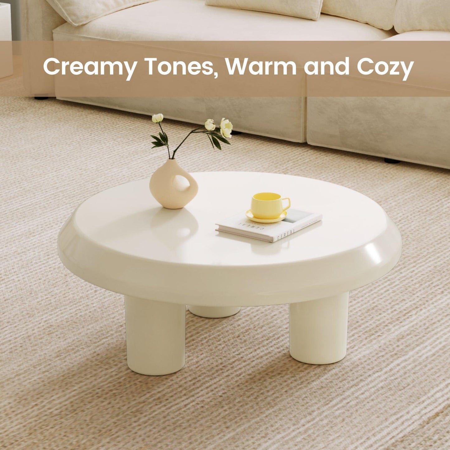 Guyii Cream White Round Coffee Table, Modern Living Room Center Table