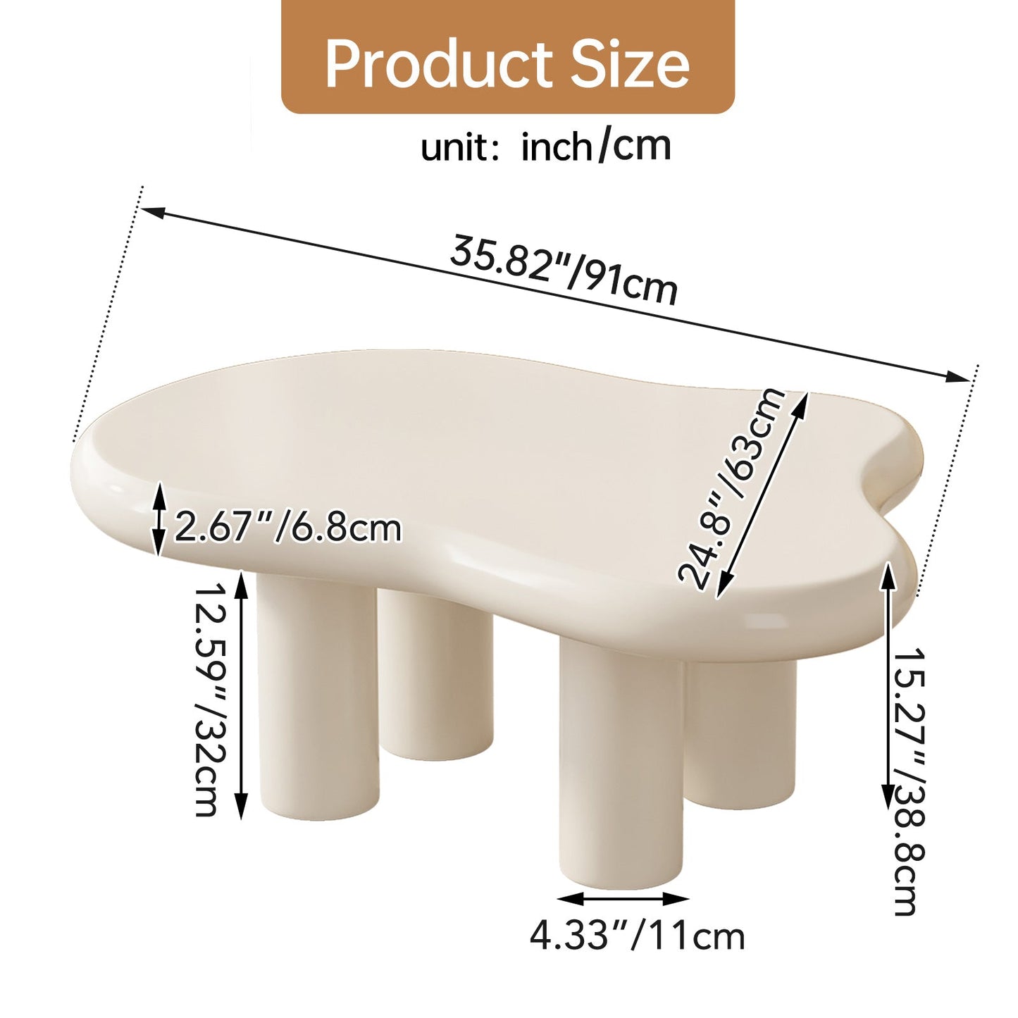 Guyii Cloud-Shaped Coffee Table – Modern White Irregular 4-Leg Design, Rounded Edge Centre Table for Living Room, | Q1523-UK