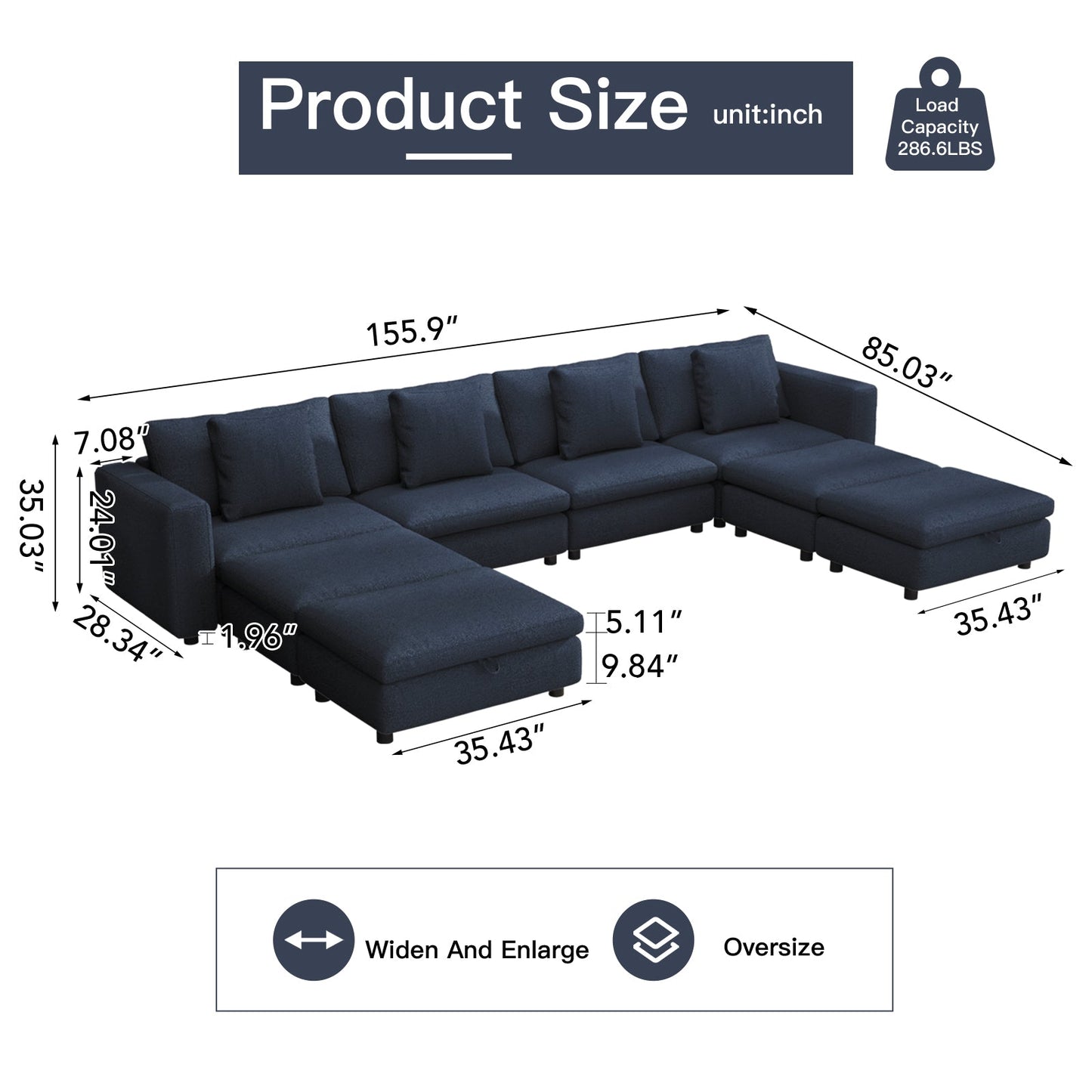 Guyii Oversized Sectional Sofa with Storage Ottoman, 4-9 Deep Seat Modular Couch for Living Room, Blue Fabric