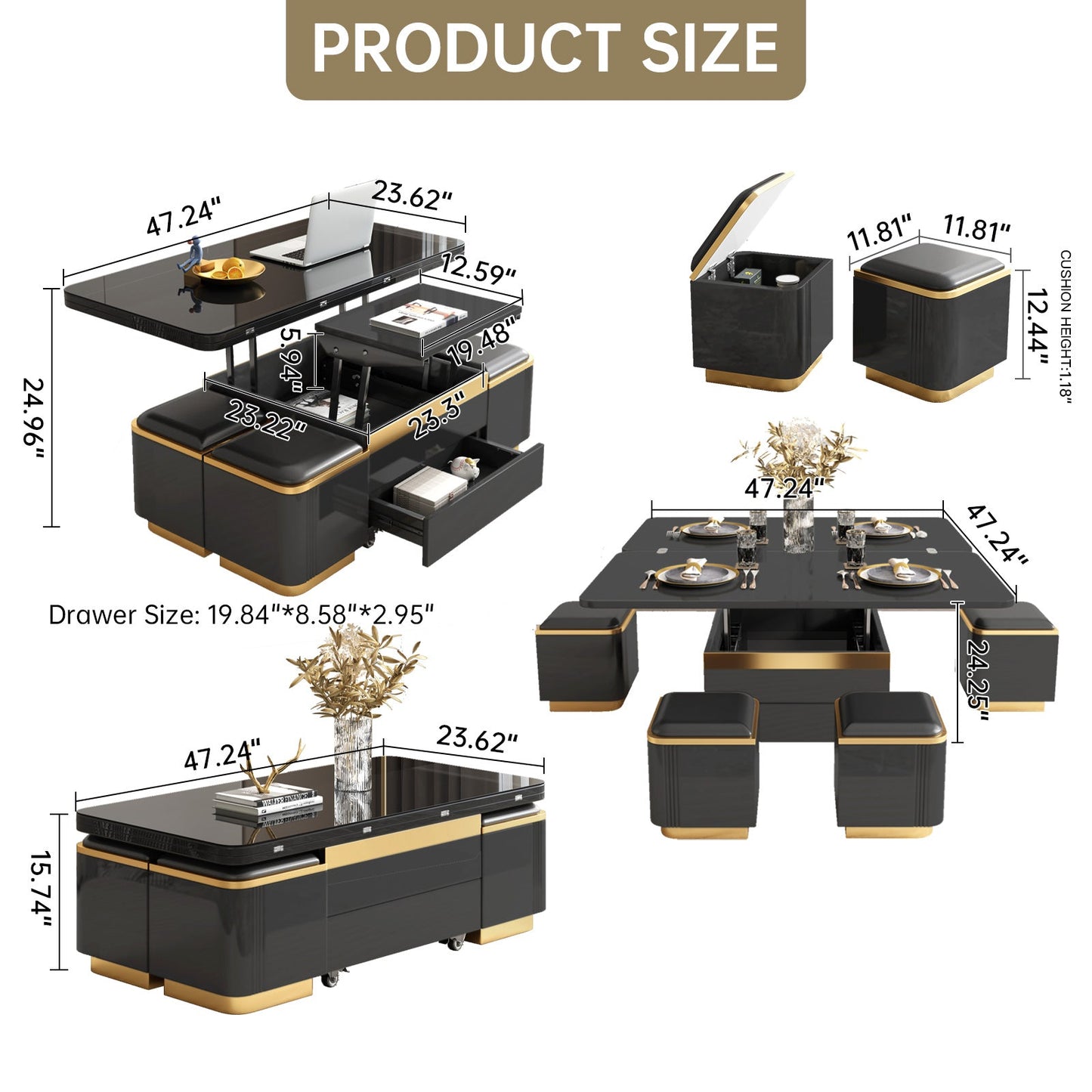 Guyii 47" Multifunctional Lift Top Coffee Table, Extendable Coffee Table with 4 Storage Stools