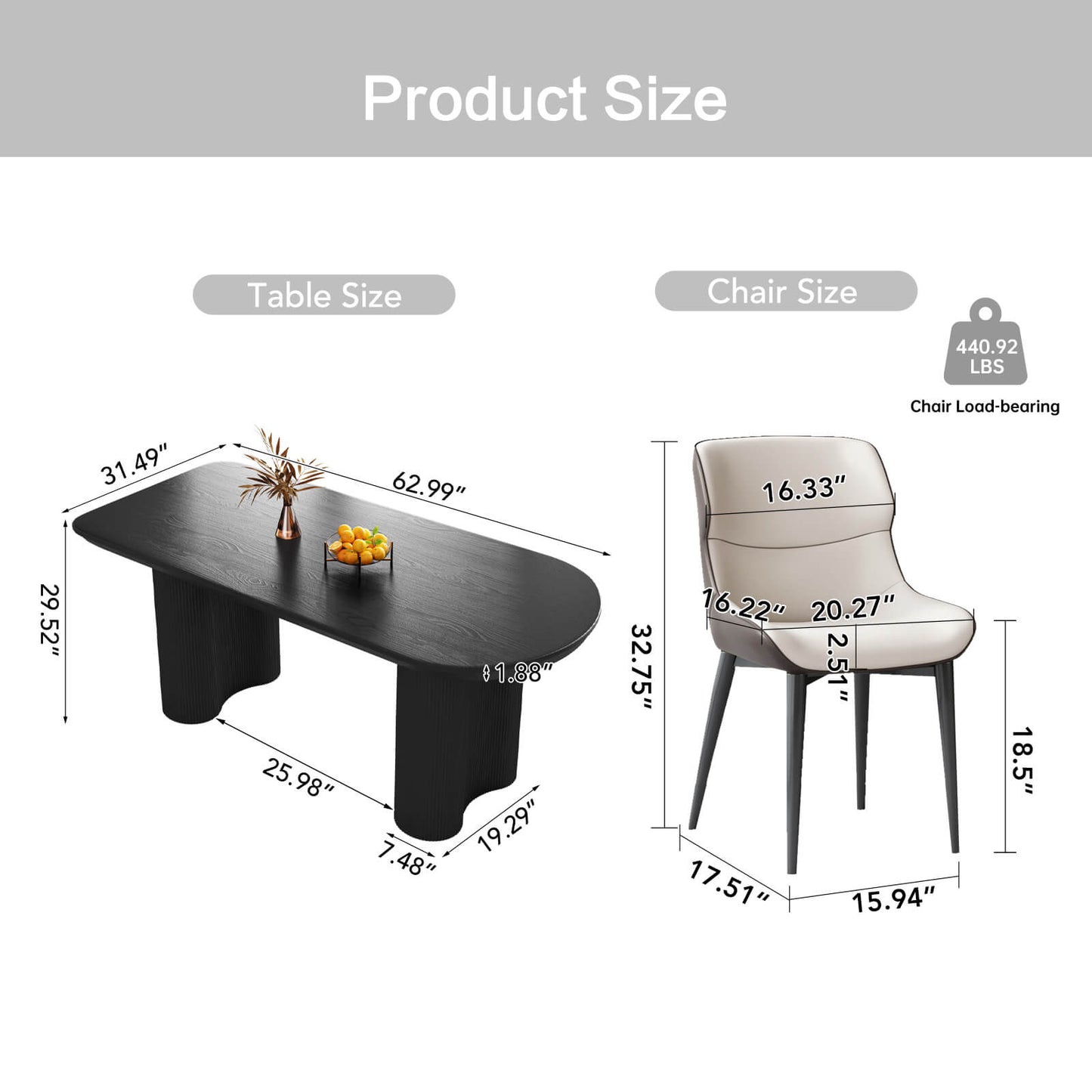 Guyii 62.99" Black Rectangular Dining Table Set with 6 Chairs, Modern Kitchen Table Set