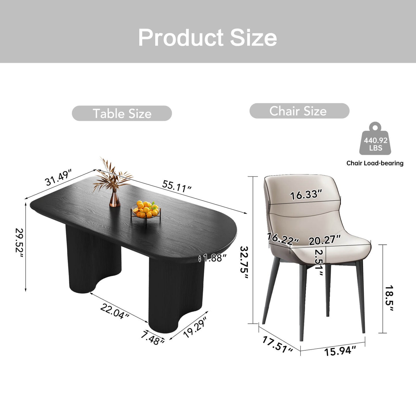 Guyii 55.11" Black Rectangular Dining Table Set with 4 Chairs, Modern Kitchen Table Set