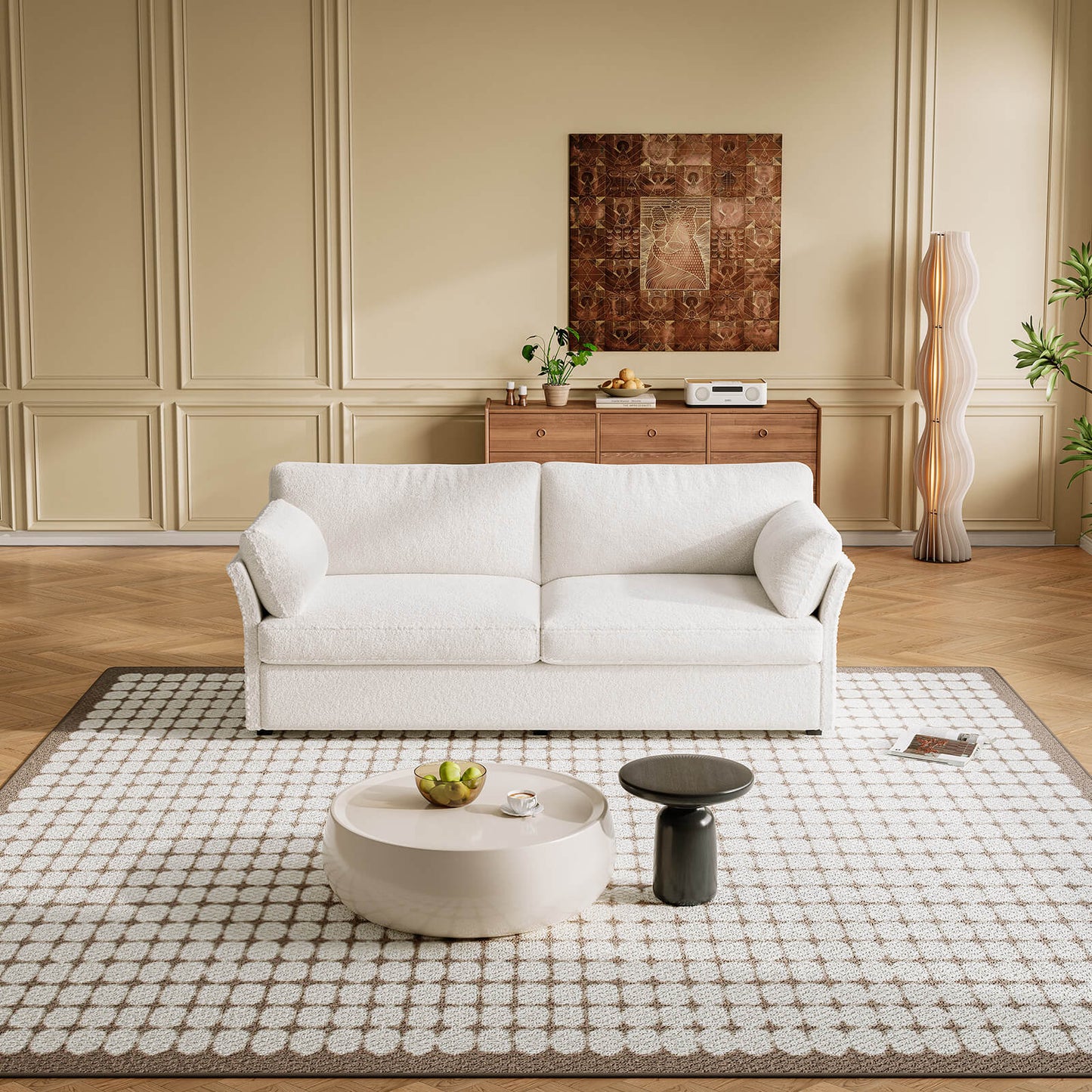 Guyii Beige Loveseat Sofa - Small 2-Seater with 2 Pillows