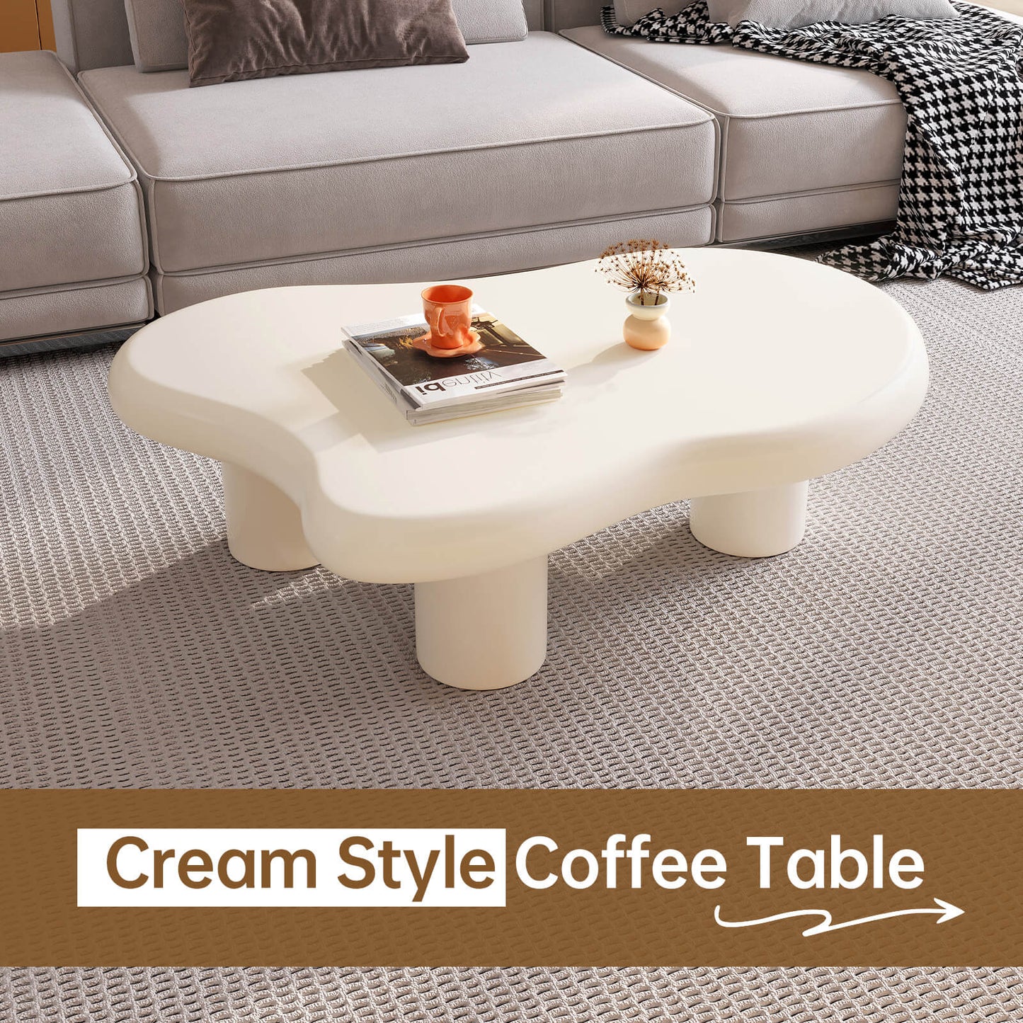 Guyii 41.02" White Cloud Coffee Table, Cute Modern Coffee Table with 3-Leg Design-Q1522DE