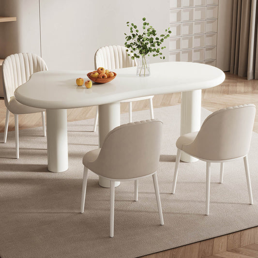 Guyii Modern Cream White Dining Table Set 62" Irregular with 4 Chairs for Kitchen